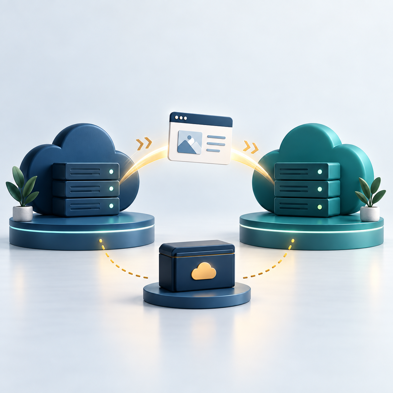 Illustration of a website moving between two cloud hosting environments with a separate backup.