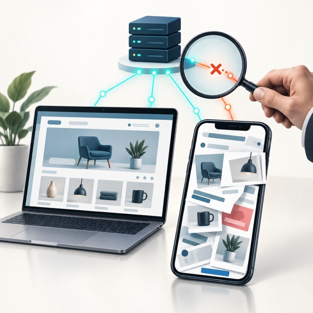 Editorial illustration of a broken mobile storefront and a technician inspecting its network connection beside a working laptop.