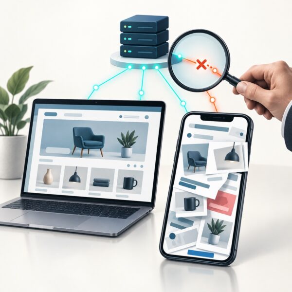 Editorial illustration of a broken mobile storefront and a technician inspecting its network connection beside a working laptop.