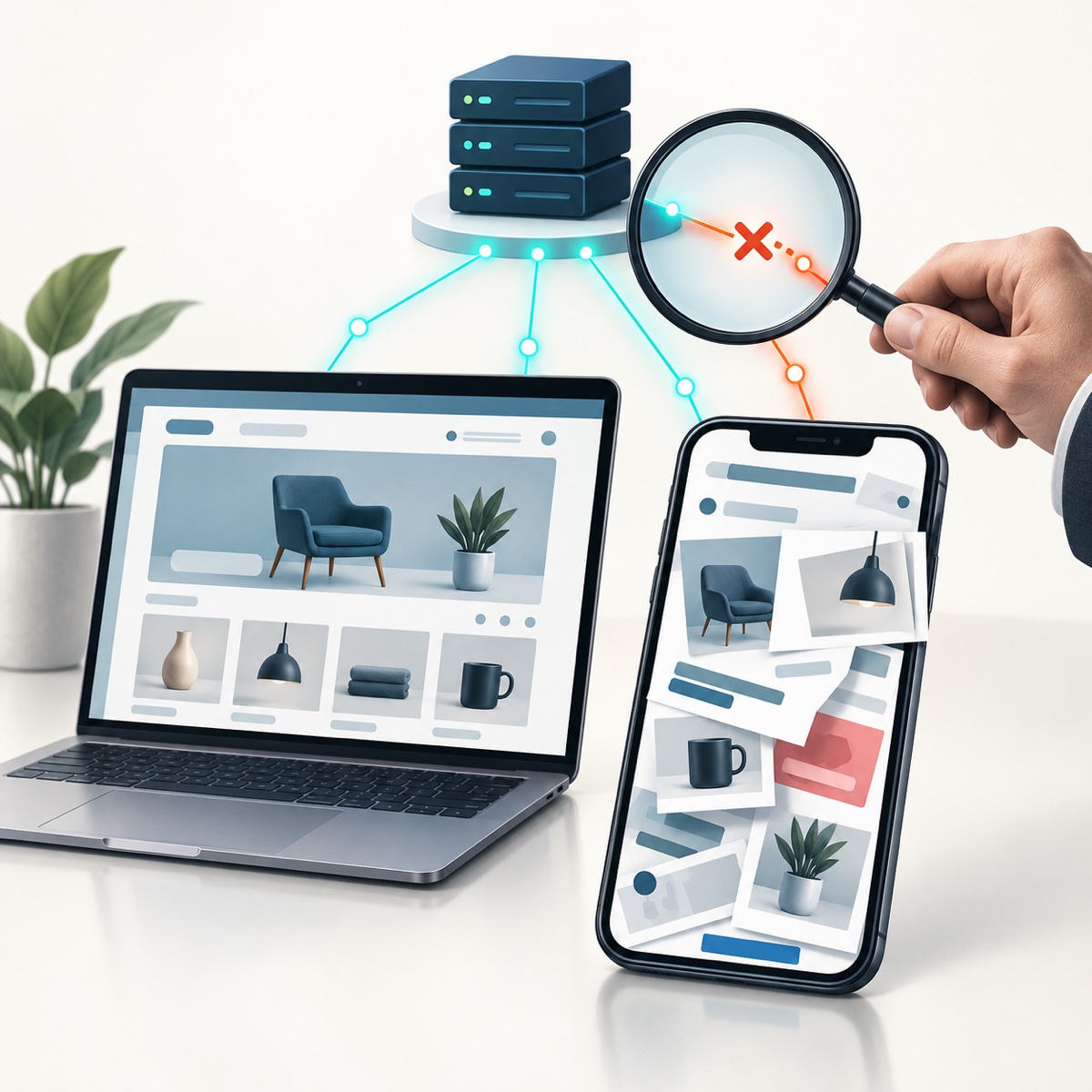 Editorial illustration of a broken mobile storefront and a technician inspecting its network connection beside a working laptop.