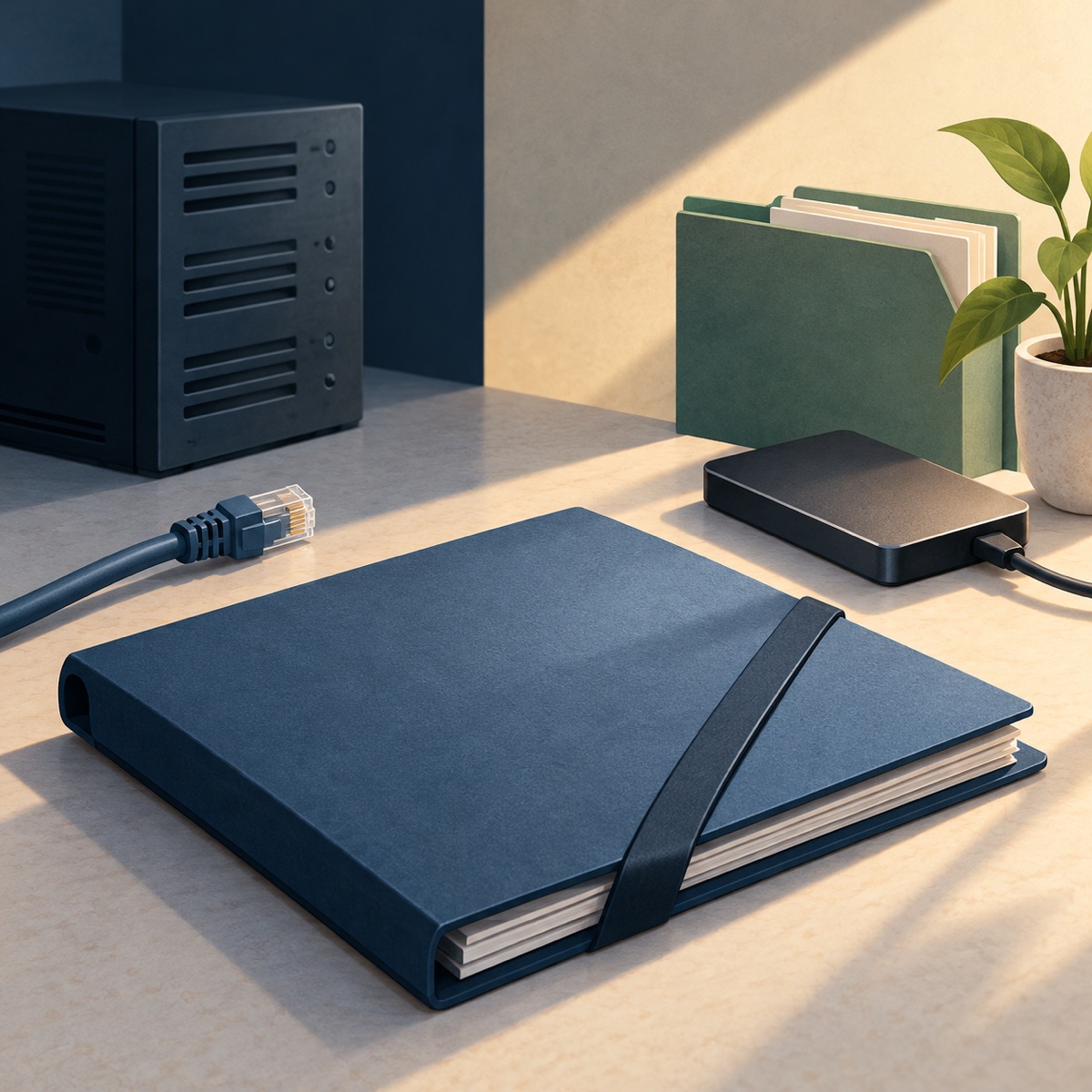Closed folder and portable storage drive beside a disconnected network cable and server, illustrating the completion of a hosting migration.