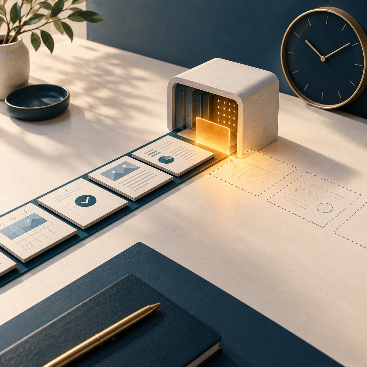 Illustration of a planned workflow interrupted at a computing module, with an amber barrier and a clock.