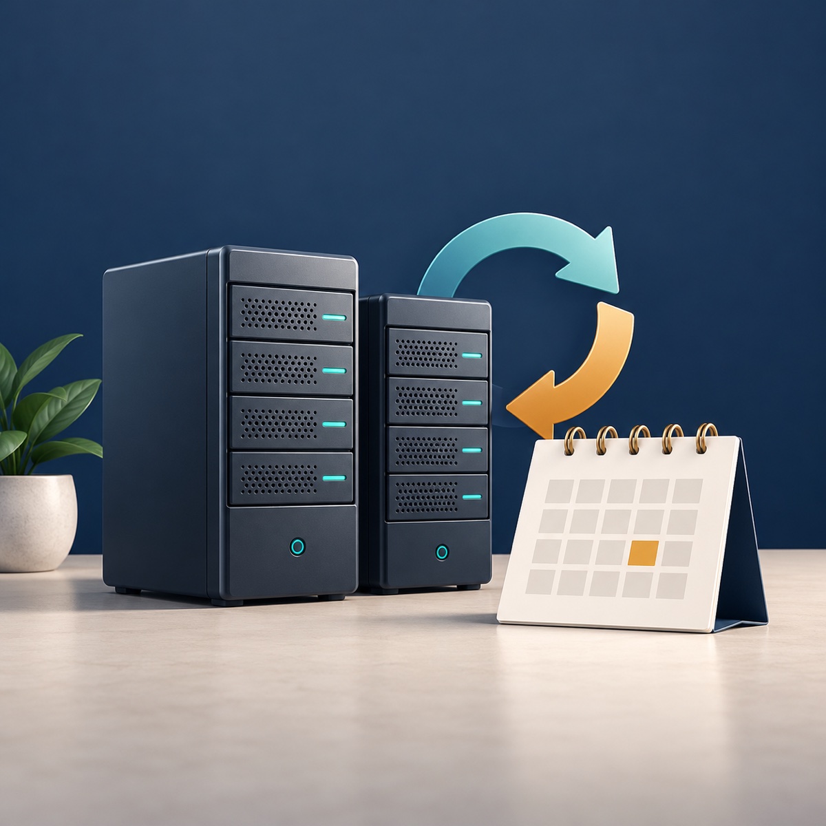 Illustration of two generic servers beside a calendar and a renewal arrow, representing business continuity planning.