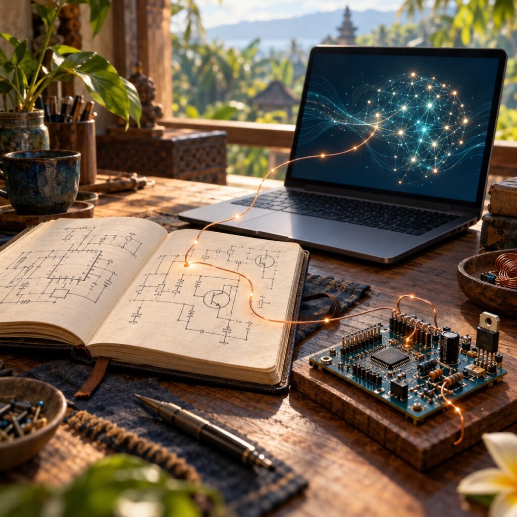 An open engineering notebook, a circuit board and a laptop linked by a glowing copper line, illustrating human technical knowledge alongside AI.