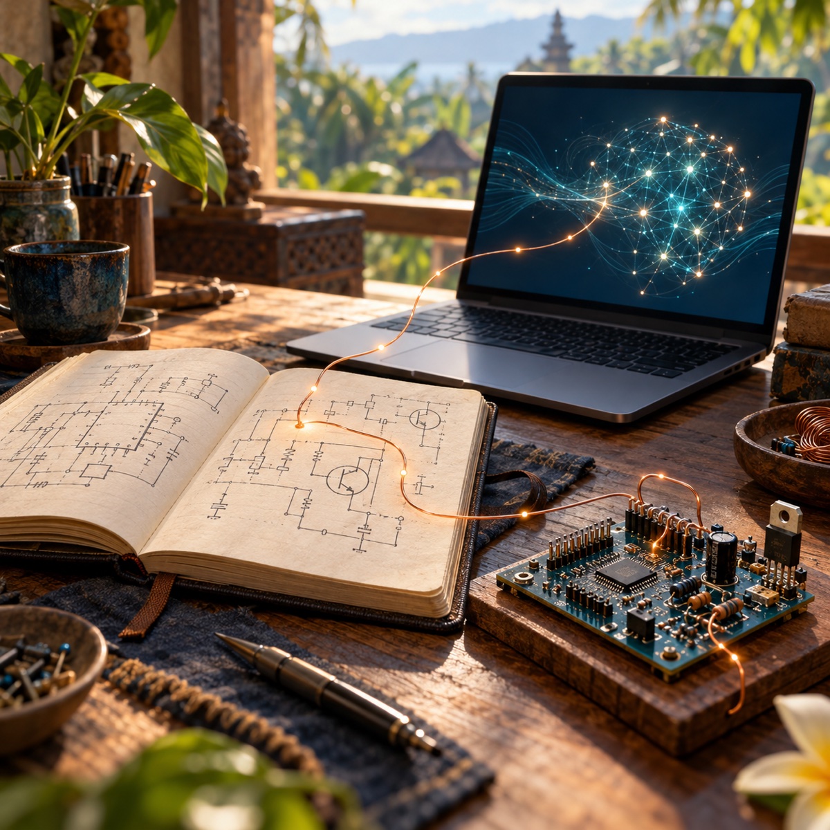 An open engineering notebook, a circuit board and a laptop linked by a glowing copper line, illustrating human technical knowledge alongside AI.